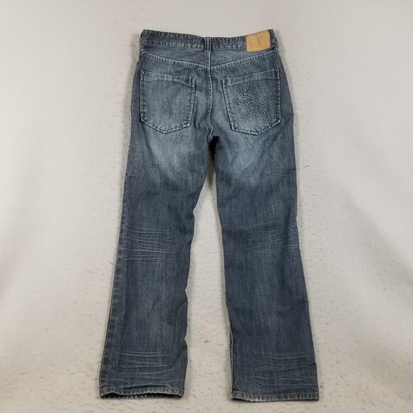 Express Kingston Jeans Mens 34x32 Blue Bootcut Classic Fit Whiskered Lion Denim - Picture 5 of 15
